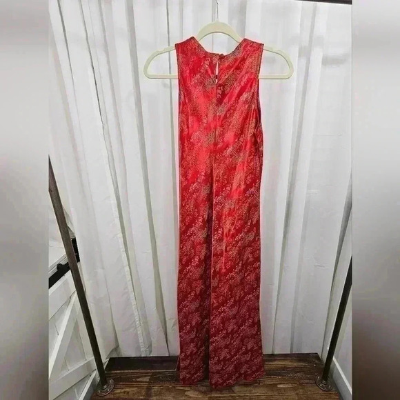 Vintage 90s Breakin Loose Asian Print Red Sleeveless Maxi Dress - Picture 3 of 11